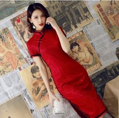 Trendy Fashion New Luxurious China Red Chinese Short Lace Dress Cheongsam Qipao lcdress84, Fashion Womens Dresses Phoenix Chinese, Chinese Long Dress, Stand Collar Dress, Chinese Traditional Costume, Denim Jean Dress, Floral Cotton Dress, Vogue Dress, Floral Dresses Short, Floral Dresses Long