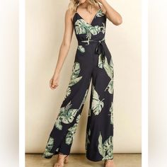 Summer Leaf Romper Great For A Vacation Or A Summer Outing New With Tags Casual V-neck Jumpsuits And Rompers With Tropical Print, Casual Overall Dress For Vacation, Spring Tropical Print Jumpsuits And Rompers For Day Out, Spring Tropical Print Jumpsuit For Day Out, Sleeveless Tropical Print Jumpsuits For Spring, Spring Day Out Tropical Print Jumpsuit, Chic Tropical Print Jumpsuits And Rompers For Vacation, Chic Tropical Print Jumpsuit For Vacation, Casual Overall Dress For Beach