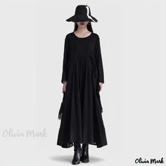 Olivia Mark - Serene Elegance Vestido Swing de Lino de Algodón con Gracioso Dobladillo de Hoja de Loto y Cinturón de Ajuste Holgado - Negro Black Bohemian Dress For Winter, Black Lagenlook Maxi Dress For Fall, Elegant Black Dress, Dress Knit, Lotus Leaf, Skirt Skirt, Belt Black, Black Maxi, Knit Vest