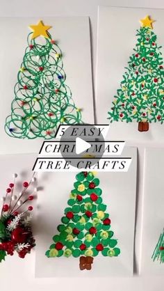 four christmas trees made out of yarn and paper with the words easy christmas tree crafts on them