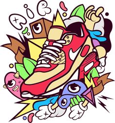 a drawing of a sneaker surrounded by colorful objects