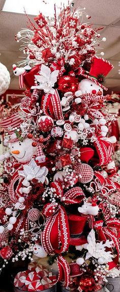 a christmas tree decorated with red and white ornaments