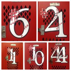 four pictures of baseball themed door numbers and the number one on each side is shown