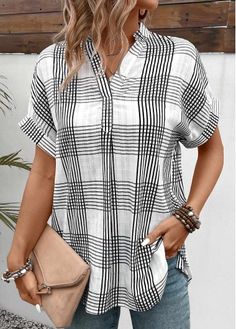 Color:White;Size:S;Size:M;Size:L;Size:XL;Size:2XL;Package Contents:1 X Blouse;Occasion:Other;Style:Casual; White Short Sleeve Blouse For Fall, Summer Plaid Relaxed Fit Blouse, Summer Plaid Blouse With Relaxed Fit, Casual White V-neck Shirt, White Casual V-neck Blouse, Casual White V-neck Blouse, White Beach Shirt For Fall, White V-neck Casual Shirt, White Shirt For Beach, Fall Season