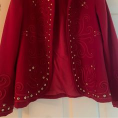 Red Felt, Embellished Jacket By Giorgio Sant Angelo. Beautiful Detailing On The Front, Back And Sleeves. Very Good Condition. Collectible. Wear It Over Jeans Or Your Lbd. Size 8 But Can Work On A 4 Or 6 As Well. Elegant Red Outerwear For Party, Elegant Christmas Party Outerwear, Embellished Holiday Outerwear For Evening Events, Holiday Evening Embellished Outerwear, Elegant Embellished Festive Outerwear, Elegant Long Sleeve Christmas Blazer, Embellished Red Outerwear For Fall, Holiday Embellished Long Sleeve Outerwear, Red Embellished Outerwear For Fall