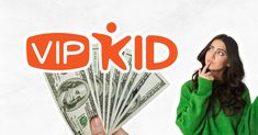 a woman holding money in front of her face with the word'hip kid'written on it