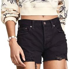 Free People Black Sofia Shorts Distressed Cutoff High Waist Denim Button Fly 24 Calling All Fashion Lovers! Look No Further Than These Stylish And Comfy Cutoff Jeans Shorts, Perfect For Taking Your Assurance Of Style To The Beach This Summer. Constructed From Comfortable Distressed Denim, These Classic High Rise Shorts In A Medium Wash Offer A Casual Fit With A Frayed Hem. New With Tags Size: 24 Revolve Style No. Free-Wf92 Free People Style No. Ob889933 Waist: 14" Hips: 18" Inseam: 2.5" Fabric: High Rise Black Jean Shorts With Button Closure, Black Jean Shorts With Button Closure, Black Button Closure Jean Shorts, Cutoff Jeans, Crochet Lace Shorts, Free People Style, High Waist Denim, White Denim Shorts, Frayed Denim