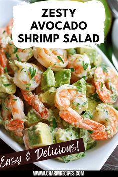 a white plate topped with shrimp and guacamole salad