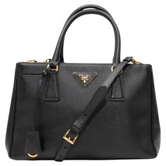 Black Prada Saffiano Nero Small Galleria Double Zip Tote. The Nero Small Galleria Double Zip Tote features a leather body, gold-tone hardware, dual rolled top handles, optional flat shoulder strap, and top zip closures. 11.5" L x 7.75" H x 5.5" D, 6" handle drop, 18" shoulder strap drop. Bow Bag, Prada Saffiano, Miuccia Prada, Crossbody Tote Bag, Prada Crossbody, Zip Tote, Prada Crossbody Bag, Yellow Leather, Crossbody Tote