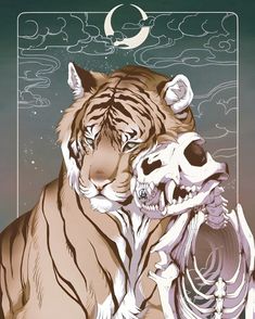 two white tigers sitting next to each other in front of a sky with clouds and stars