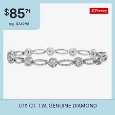 A modern twist on an old favorite, this diamond link bracelet, in rhodium-plated sterling silver with alternating oval and round shapes, is an elegant piece you can wear day and night. Metal: Rhodium-plated sterling silverStones: 1/10 ct. t.w. diamondsClosure: Push lockLength: 7½" or 8"Diamond color: I-jDiamond Clarity: I3Care: Wipe with clean clothCountry of Origin: ImportedDiamond total weights may vary between .01 and .08 carat.Jewelry photos are enlarged to show detail. Disclaimer: Metal ma… Oval Link Diamond Bracelet For Anniversary, Modern Diamond Cut Bracelet For Anniversary, Oval White Gold Tennis Bracelet For Anniversary, Oval Diamond White Diamond Bracelet For Anniversary, Anniversary Tennis Bracelet With Oval Links In Fine Jewelry, Anniversary Oval Diamond Bracelet In Fine Jewelry Style, Oval Diamond Bracelet For Anniversary, Fine Jewelry Style, Oval Diamond Bracelet For Anniversaries, Anniversary Tennis Bracelet With Oval Links