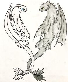 a drawing of two dragon like creatures with leaves on their tails and wings, facing each other