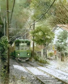 a watercolor painting of a green train coming down the tracks in front of a house