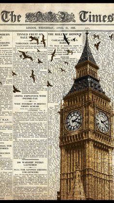 an old newspaper with a clock tower on it