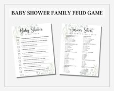 two baby shower game cards with the words, baby shower family field game