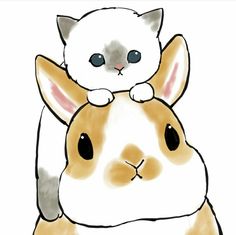 a drawing of a cat sitting on top of a bunny rabbit's head with its eyes closed