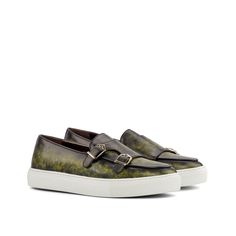 Ambrogio 4287 Men's Shoes Khaki Green Patina Leather Monk-Straps Sneakers (AMB1159)-AmbrogioShoes Patina Style, Double Monk Strap, Custom Made Shoes, Green Patina, Leather Artisan, Leather Hardware, Monk Strap, Khaki Green, Handmade Shoes