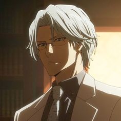 an anime character with white hair wearing a suit and tie