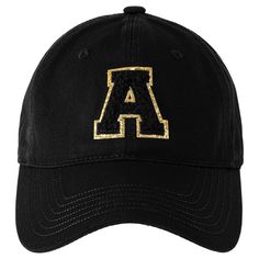 a black hat with gold letters on the front and side, all embroidered onto it