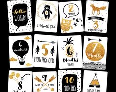 a set of twelve months of the year cards with gold foil and black lettering on them