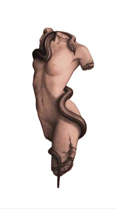 a drawing of a woman's torso with a snake on the tail and head