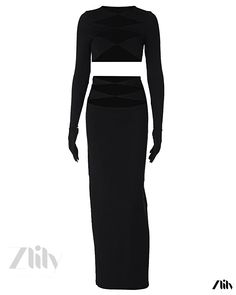 Zlily - Fashionable and Sexy Hollow Out Crop Top with Exquisite Cutouts, paired with a Slim Fit Midi Skirt Black Fitted Two-piece Set, Fitted Black Two-piece Set, Chic Black Stretch Sets, Black Two-piece Evening Set, Fitted Black Evening Sets, Fitted Chic Skirt Set, Fitted Two-piece Crop Top For Club, Chic Fitted Two-piece Set For Party, Black Two-piece Party Set