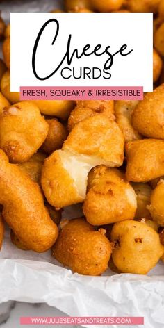 cheese cubes with text overlay that reads, cheese cubes fresh squeaky and irresistible