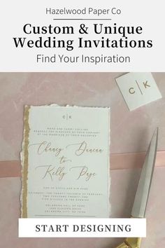 a wedding card with scissors and paper on it next to the words, custom & unique wedding invitations find your inspiration