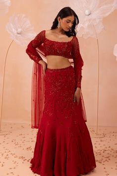 Red attached cancan lehenga with cutdana, bead, sequin embroidery in floral pattern. Paired with embroidered padded blouse and dupatta. - Aza Fashions Slim Lehenga, Elegant Red Lehenga With Sequins, Red Sequined Sharara For Wedding, Red Sequined Wedding Set, Red Wedding Sets With Sequins, Red Sequined Choli For Wedding, Red Sequined Sets For Reception, Red Sequined Wedding Choli, Red Semi-stitched Sequined Lehenga