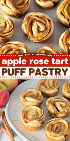 A Thanksgiving dessert idea in puff pastry cups! This sweet treat to make for Thanksgiving is one of the best apple recipes. Drizzled with caramel sauce, these apple rose tarts are delicious and fancy-looking! Apple Rose Dessert, Apple With Puff Pastry, Apple Puff Pastry Recipes, Tart Puff Pastry, Apple Rose Tarts, Apple Recipes With Puff Pastry, Apple Rose Pastry, Puff Pastry Cups