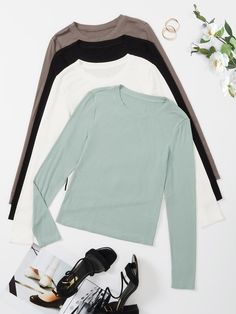 Multicolor Casual  Long Sleeve Polyester Plain   Medium Stretch Spring/Fall Women Tops, Blouses & Tee Plain Long Sleeve Shirts Outfit, Long Sleeve Tshirt Women Casual, Cute Long Sleeve Tops Aesthetic, Long Sleeve Basics, Shein Long Sleeve Top, Baggy Long Sleeve Shirts, Long Sleeve T-shirt, Basic Long Sleeve Tops, Plain Long Sleeve Shirts