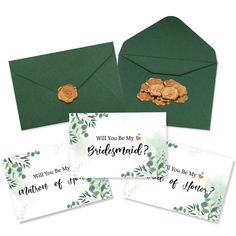 three green envelopes with gold coins on them and the words will you be my bridesmaid?