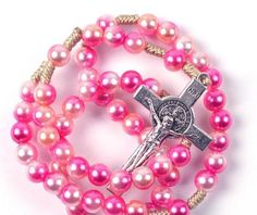 Colorful Beads Rosary As Gift, Pink Beaded Spiritual Rosary Bracelet, Pink Spiritual Rosary Bracelet With 8mm Beads, Pink 8mm Bead Spiritual Rosary Bracelet, Mother's Day Rosary With 8mm Beads, Handmade Multicolor Rosary As Gift, Pink Rosary For First Communion, Pink Rosary Bracelet With Colorful Round Beads, Pink 8mm Beads Rosary Bracelet