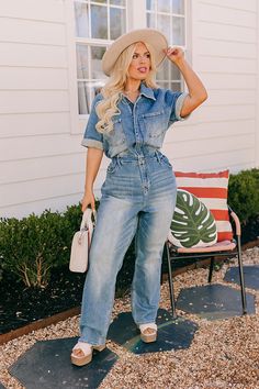 - Stay on top of the style game with this trendy jumpsuit! - Unlined stretchy denim material with subtle distressed detail - A collared neckline - Front zip closure - Short sleeves with rolled cuffs - Functional, chest, side, and back pockets - An elastic waistline with belt loops A hidden zip fly and button closure - A flattering silhouette that ends in straight hemlines Medium Wash High Rise Washed Denim Jumpsuit, Trendy Distressed Medium Wash Denim Jumpsuit, Distressed Denim Blue Jumpsuit, Distressed Denim Jumpsuit In Denim Blue, High Rise Medium Wash Denim Jumpsuit, Distressed Denim Jumpsuit In Dark Wash, Dark Wash Denim Jumpsuit With Short Sleeves, Trendy Medium Wash Jumpsuits And Rompers, Trendy Distressed Denim Jumpsuits And Rompers