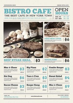 the menu for bistro cafe in new york, ny is shown on this page