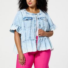 C Wonder by Christian Siriano Short-Sleeve Denim Jacket  This short, ruffle-sleeved denim jacket adds a fun, flattering element to your workday-to-weekend looks. The super-stretch denim provides an easy, comfortable fit you'll love. Trendy Short Sleeve Denim Jacket For Summer, Short Sleeve Denim Blue Vest For Spring, Short Sleeve Denim Vest For Spring, Casual Short Sleeve Denim Jacket For Fall, Casual Fall Short Sleeve Denim Jacket, Medium Wash Short Sleeve Denim Top For Spring, Medium Wash Short Sleeve Denim Jacket For Summer, Spring Short Sleeve Denim Jacket With Pockets, Trendy Short Sleeve Spring Outerwear