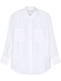 white lyocell blend voile semi-sheer construction cut-out detailing classic collar front button fastening drop shoulder long sleeves buttoned cuffs two chest patch pockets curved hem Yoko London, City Dress, Summer Beach Wear, Lady Dior, Coat Dress, Jacket Tops, Denim Dress, All Fashion, Jacket Dress