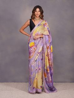 Lavender Big Flower Print Saree With Unstiched Blouse (Set of 2) By Devyani Malhotra now available at Trendroots Bollywood Style Georgette Saree With Printed Motifs, Designer Pre-draped Georgette Saree With Printed Border, Designer Wear Saree With Printed Border For Eid, Festival Georgette Saree With Printed Motifs, Pre-draped Katan Silk Saree With Printed Border, Diwali Georgette Saree With Printed Motifs, Festive Georgette Saree With Printed Motifs, Designer Tussar Silk Pre-draped Saree With Printed Border, Bollywood Style Silk Pre-draped Saree With Printed Border