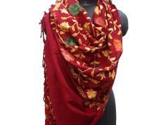 Pattern - red Kashmiri shawl with floral embroidery. Ideal for - women. Occasion - formal or casual. Fabric - cotts wool, it is a blend of cotton and wool which is very soft and has a fine texture. Color - maroon. On maroon background, embroidery is in different colored threads all over displaying floral patterns. Size - Width - 41 x 80 inches approx. Care- gentle hand wash. For more such scarves please visit- https://www.etsy.com/in-en/shop/vibrantscarves?ref=seller-platform-mcnav&section_i Red Pashmina Shawl With Motifs, Red Pashmina Shawl With Motifs And Traditional Drape, Red Pashmina Shawl With Motifs In Traditional Drape, Red Shawl With Embroidered Border In Traditional Drape, Red Embroidered Shawl With Traditional Drape, Red Shawl With Embroidered Border, Red Pashmina Shawl With Resham Embroidery, Red Shawl With Resham Embroidery In Traditional Drape, Red Pashmina Dupatta With Resham Embroidery