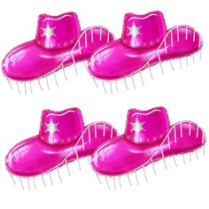 six pink hair combs with white stars on the top, and one is shaped like a cowboy hat