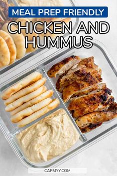 chicken and hummus in a meal prep container with text overlay