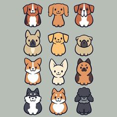 various dogs and puppies are shown in different colors on a gray background with the words,