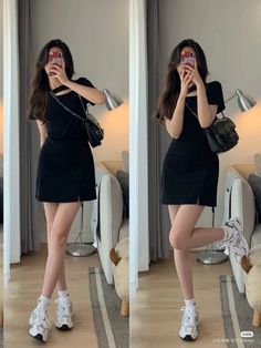 Cute Korean Summer Outfits Street Styles, Black Dress Mini Outfit, Summer Korean Outfits Street Styles, Feminim Style Outfit, Ootd Korean Style Casual, Fitted Dress Outfit, Photography 2023, Simple Style Outfits