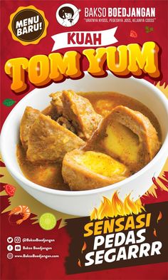 an advertisement for tom yum with meat and vegetables in a white bowl on a red background