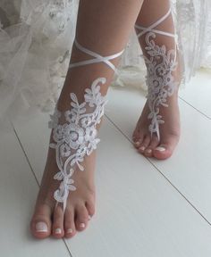 White barefoot sandals Lace barefoot sandals Bridal shoes | Etsy Handmade Summer Wedding Anklets, White Barefoot Sandals For Party, White Ankle Strap Barefoot Sandals For Parties, Elegant White Barefoot Sandals For Party, Bohemian White Barefoot Sandals For Beach Wedding, Elegant White Barefoot Sandals As Gift, Elegant White Adjustable Barefoot Sandals, White Open Toe Barefoot Sandals For Festivals, Handmade White Anklets For Beach Wedding