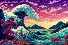 a painting of an ocean wave with pink clouds and mountains in the background at sunset