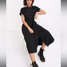 Brand New From Madewell. Questions? Leave A Comment Below! Black Short Sleeve Shirt Dress For Daywear, Black Short Sleeve Shirt Dress With Buttons, Black Midi Dress With Button Cuffs, Black Midi Dress With Buttons And Short Sleeves, Black Workwear Dress With Button Cuffs, Black Buttoned Midi Dress For Daywear, Black Belted Shirt Dress For Daywear, Knee-length Black Shirt Dress For Daywear, Black Cuffed Dresses For Daywear