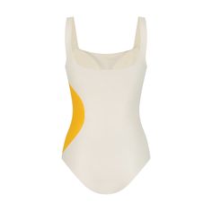 Modern Padded one-piece swimsuit featuring a minimalist design with a bold yellow geometric accent. The fabric is smooth, stretchy, and designed to provide a comfortable fit while maintaining a chic, contemporary look. Paired with our Zest Set. Lycra Modern Seamless Swimwear For Summer, Modern Summer Bodysuit, Modern Sleeveless Swimwear For Summer, Modern Sleeveless Summer Swimwear, Modern White Swimwear For Summer, August Birthstone Jewelry, July Birthstone Jewelry, Gifts For New Mums, Pearl Jewellery Earrings