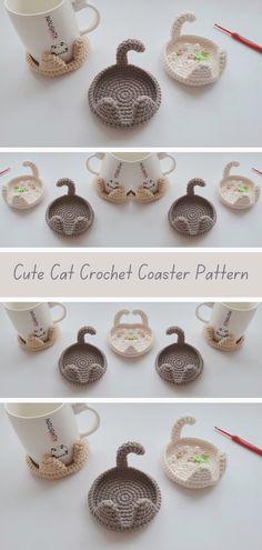 crocheted coasters and cups are arranged on the table with text that reads, cute cat crochet coaster pattern