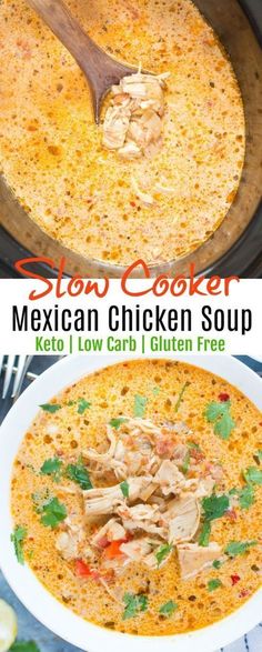 slow cooker mexican chicken soup in a white bowl with a wooden spoon on the side